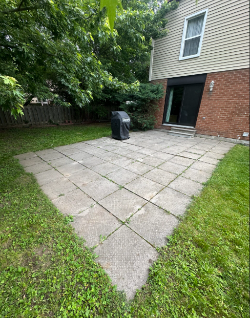 Patio before restoration — cracked slabs with weed overgrowth and deteriorated joints